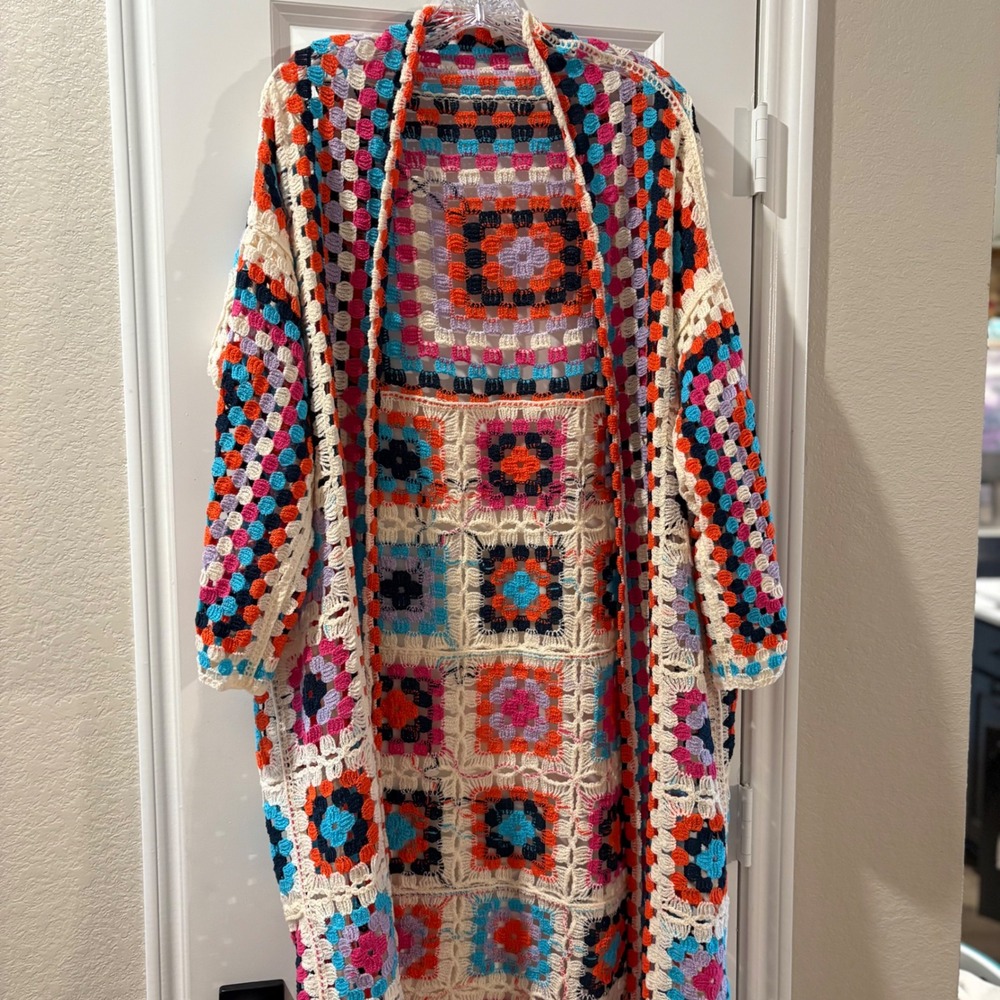 POL Crochet Granny Square Duster Colorful Bohemian Open Front Knit Boho OneSize